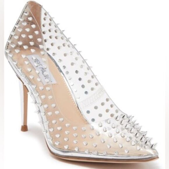 Revolve Steve Madden Luiza Vala Studded Clear Pointed toe Stiletto Heels Silver - Picture 2 of 12